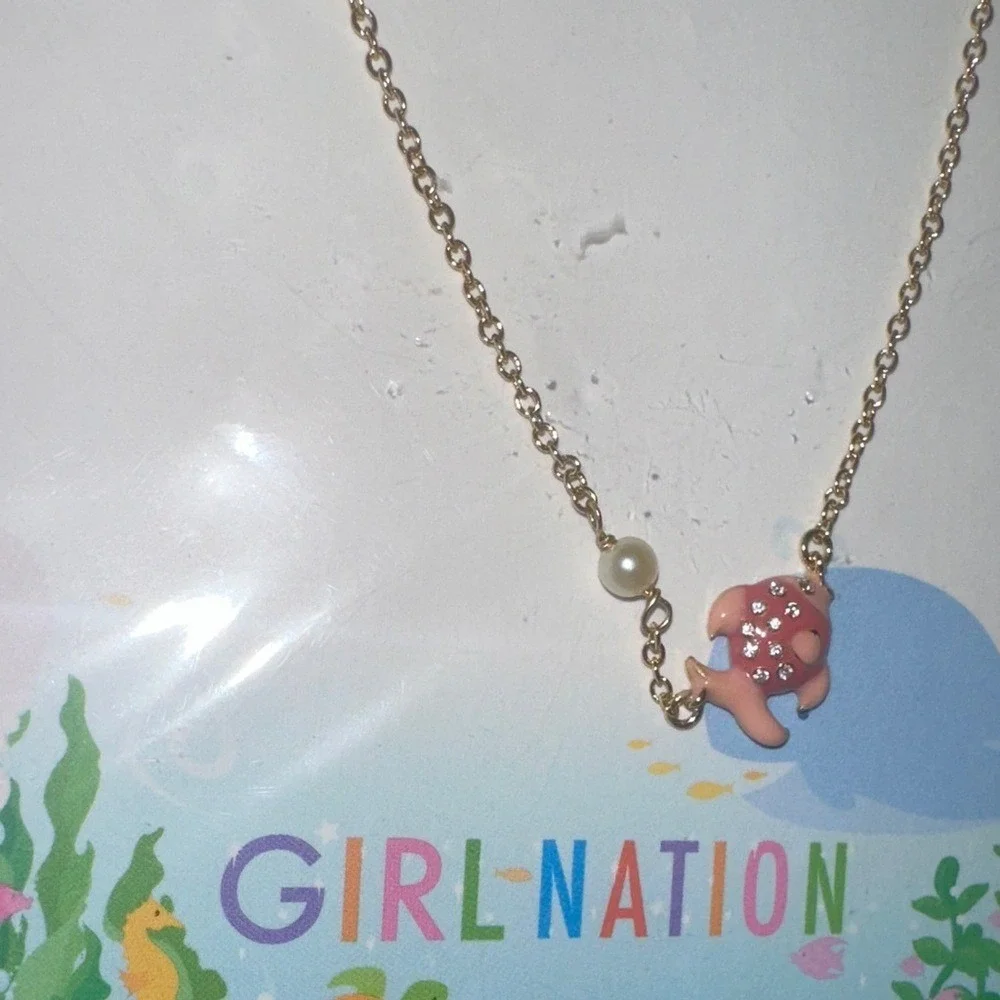 Girl Nation 14K Gold Plated Pink Enamel Fish Crystal Necklace Hypoallergenic